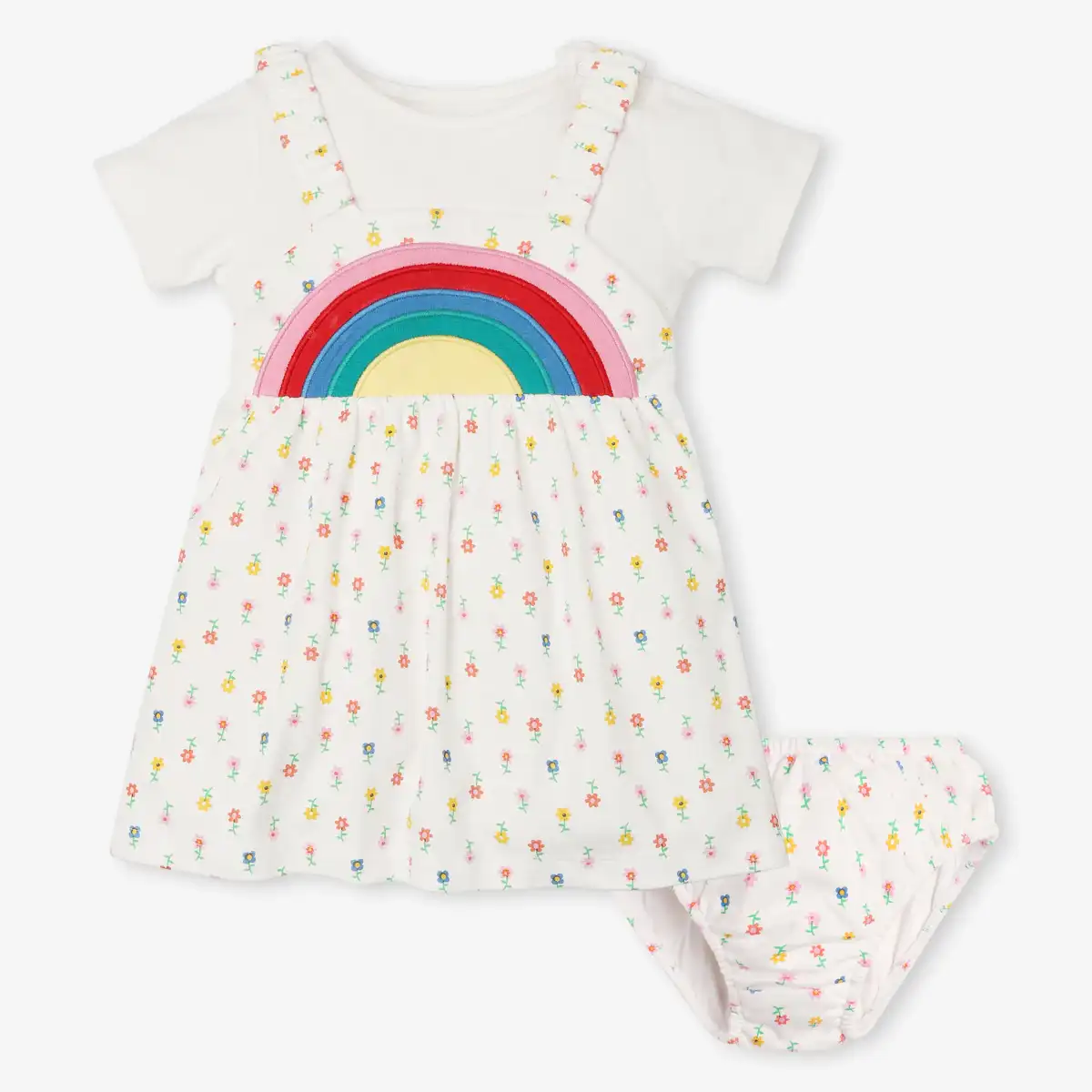 Infant Girls Printed Pinafore Dress With Tshirt & Bloomers- White