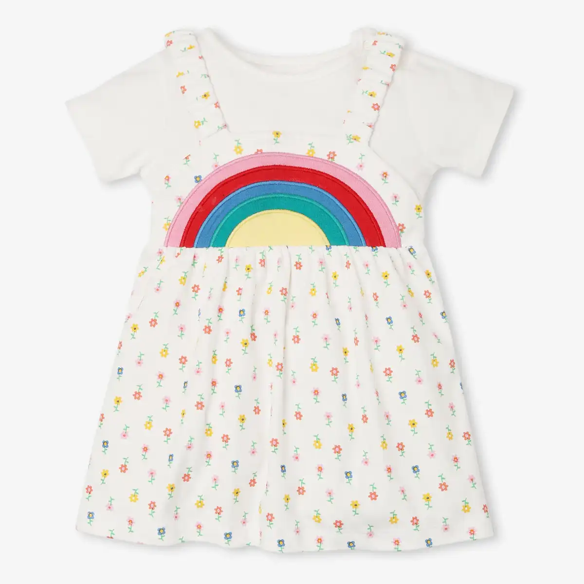 Infant Girls Printed Pinafore Dress With Tshirt & Bloomers- White