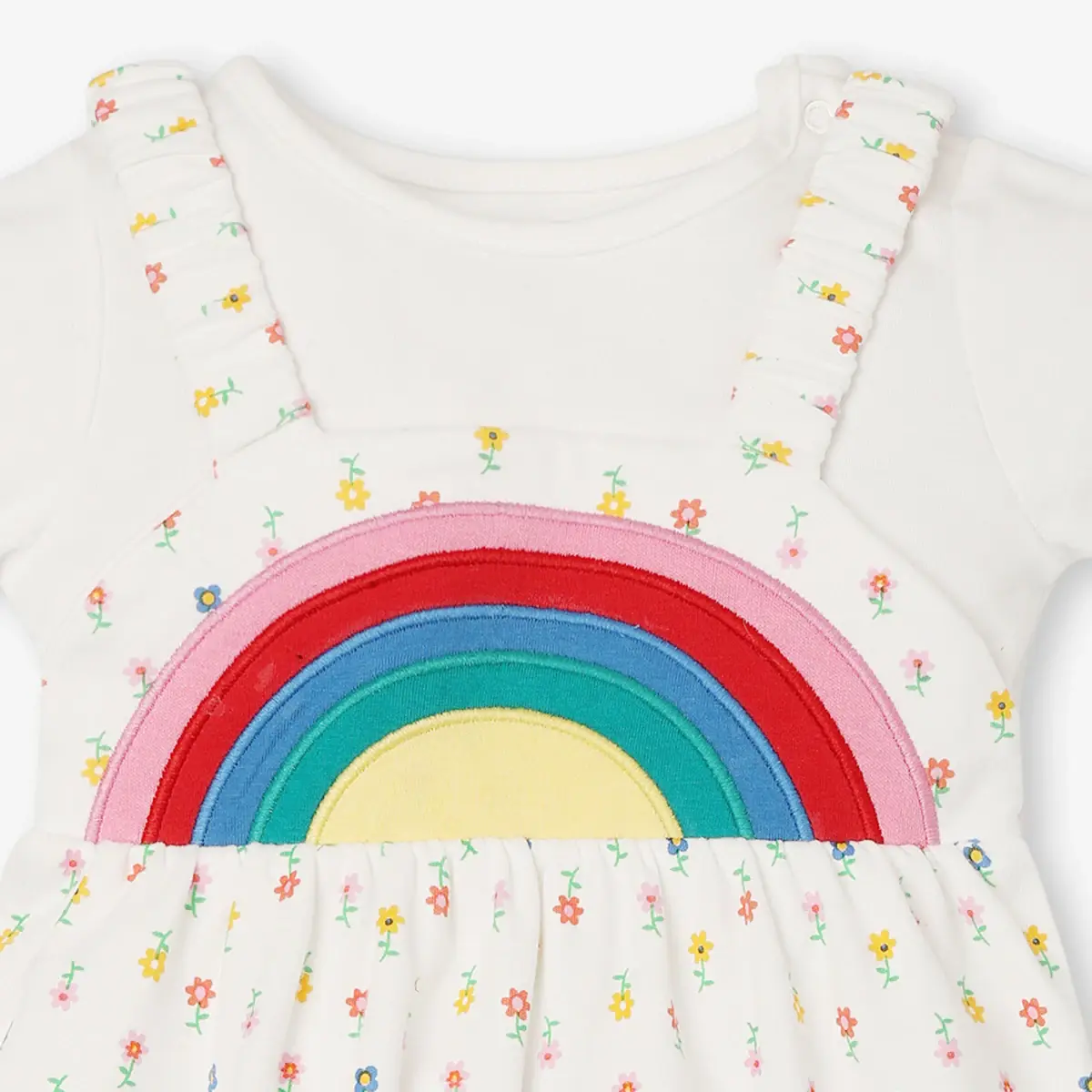 Infant Girls Printed Pinafore Dress With Tshirt & Bloomers- White