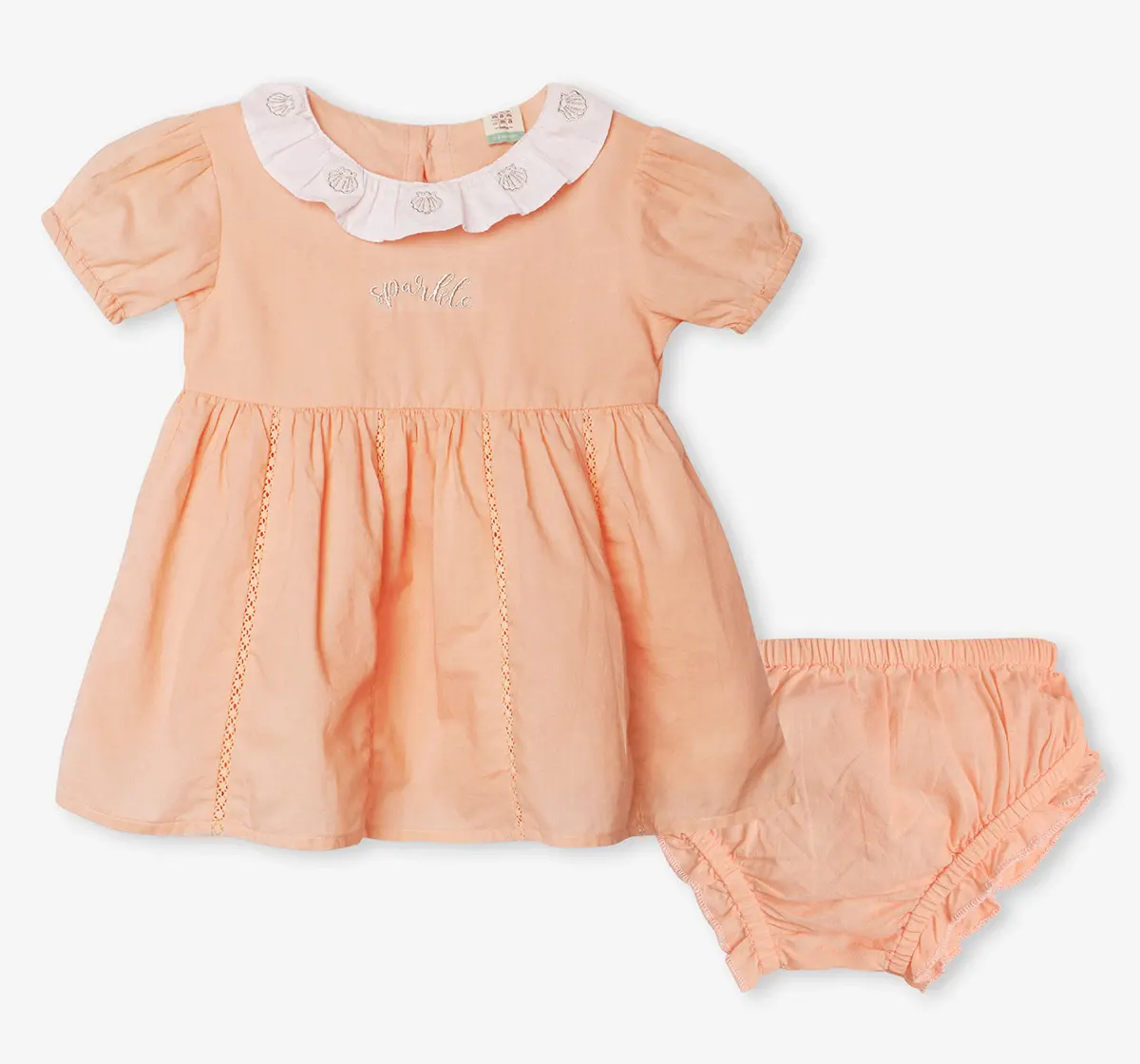 Infant Girls Embroidered Dress With Bloomers- Peach