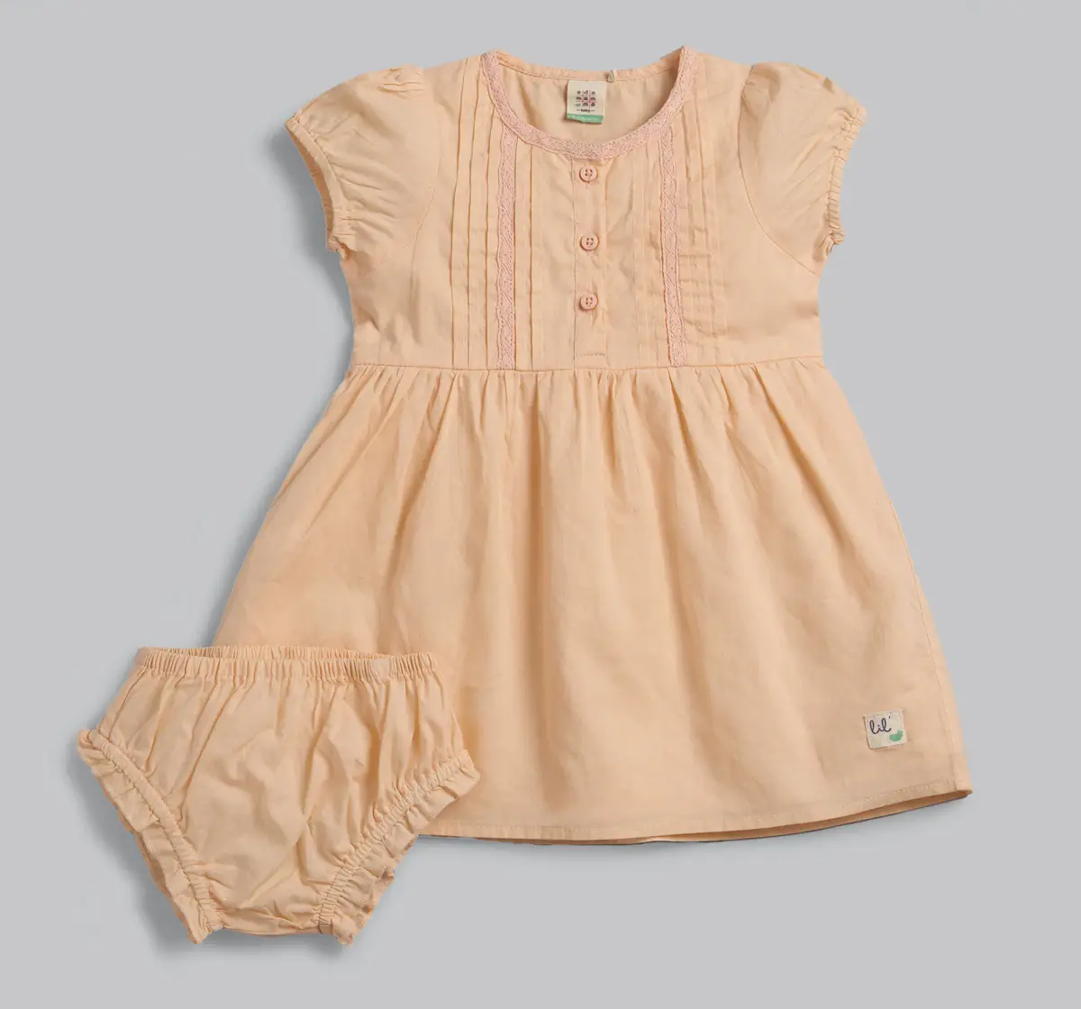 Infants Girls Pleated & Lace Detailed Dress With Bloomer - Peach