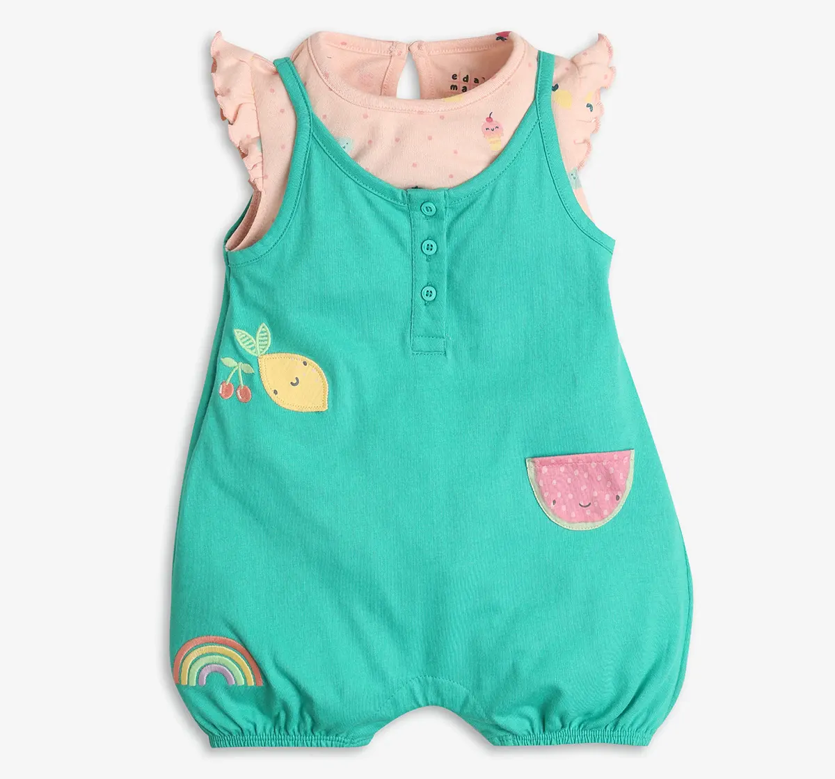 Infants Girls Applique Romper With Tshirt - Green & Peach