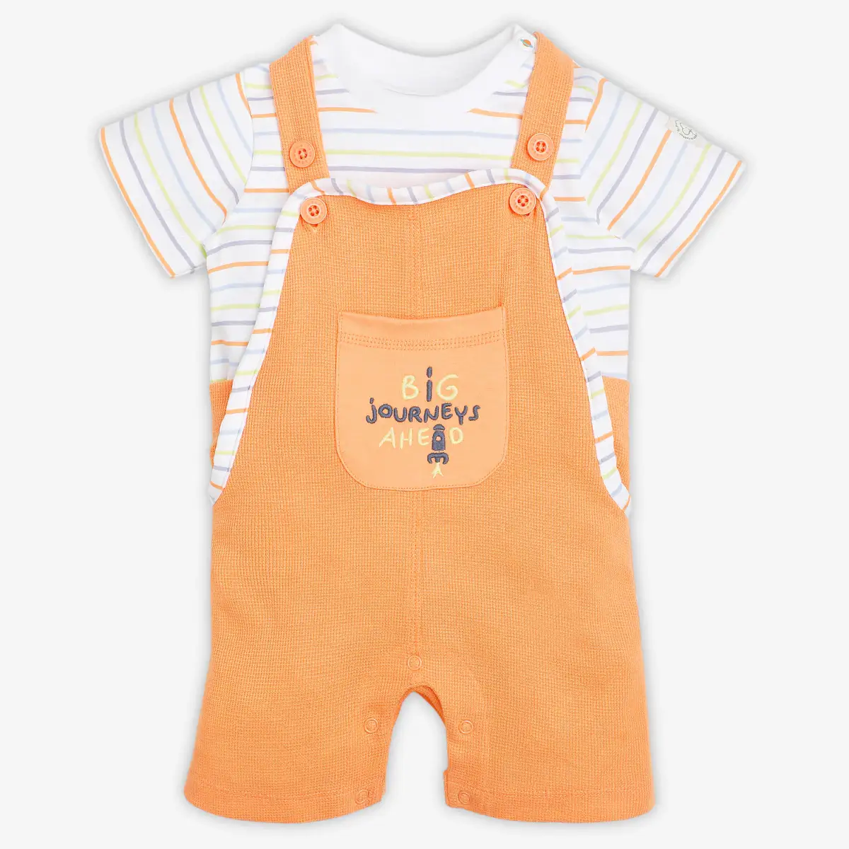 Infant Unisex Embroidered Dunagree With Tshirt - Orange