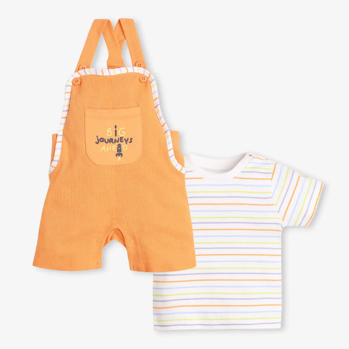 Infant Unisex Embroidered Dunagree With Tshirt - Orange