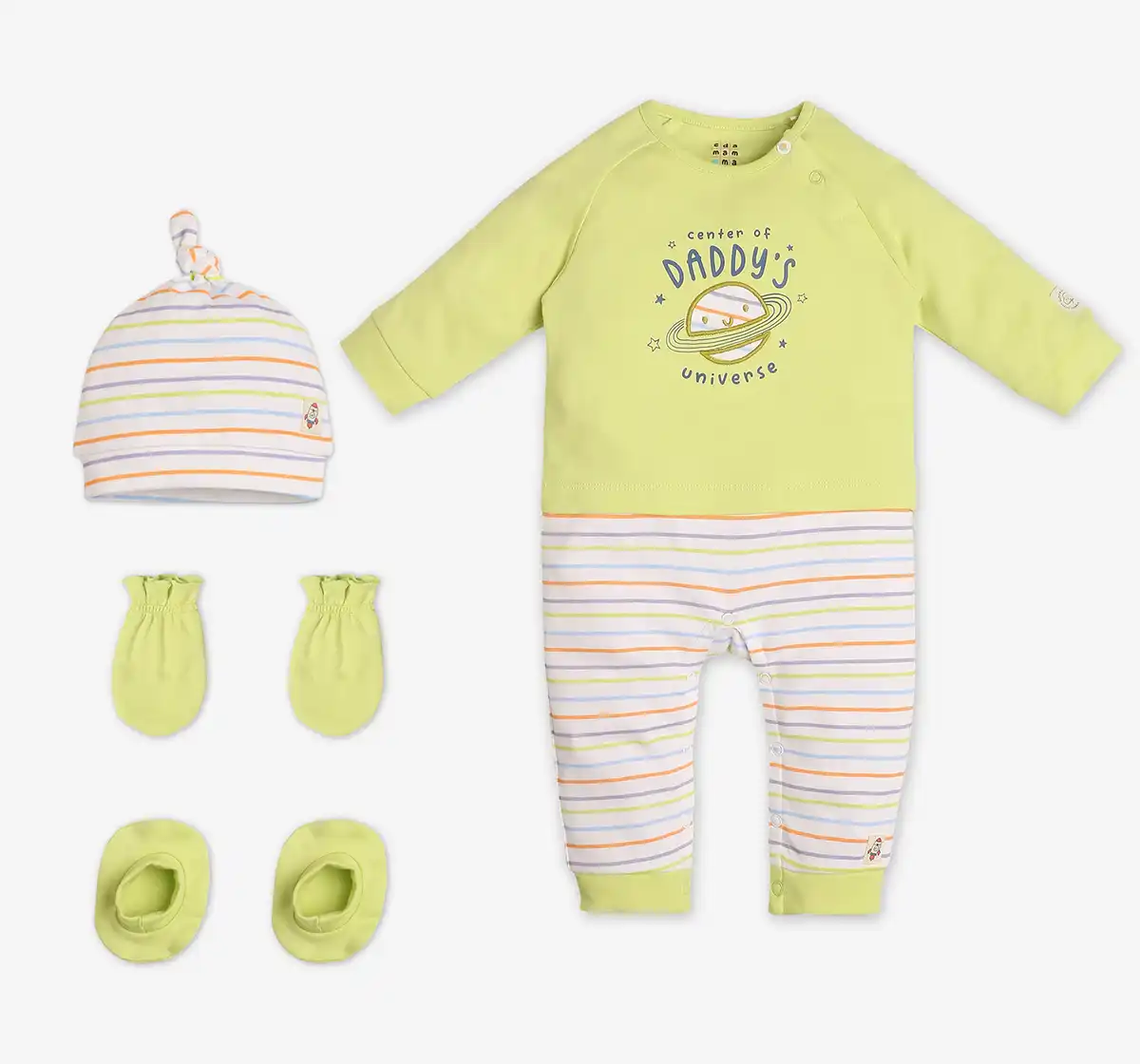 Infants Unisex Romper With Mitten, Bootie & Cap - Light Green