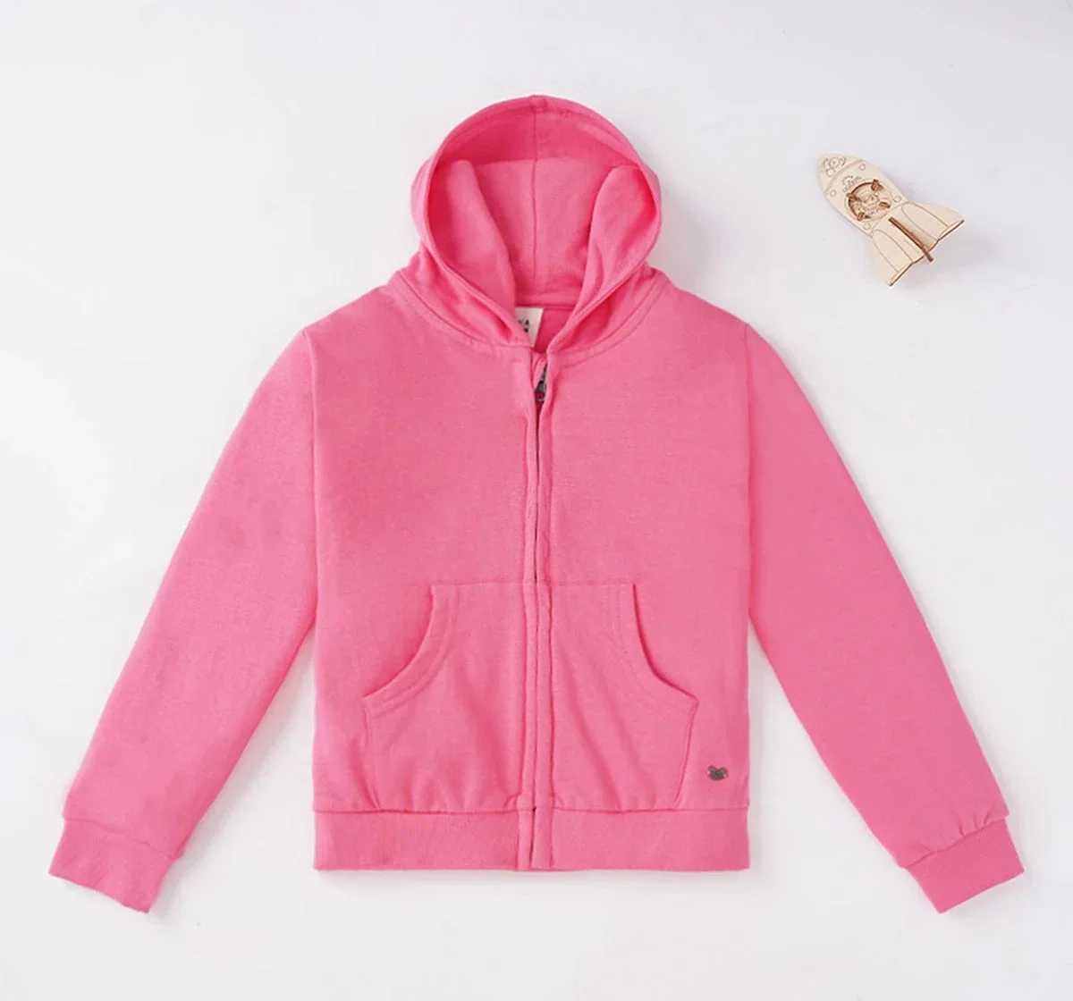 Girls Solid Kangaroo Pocket Hoodie With Zipper