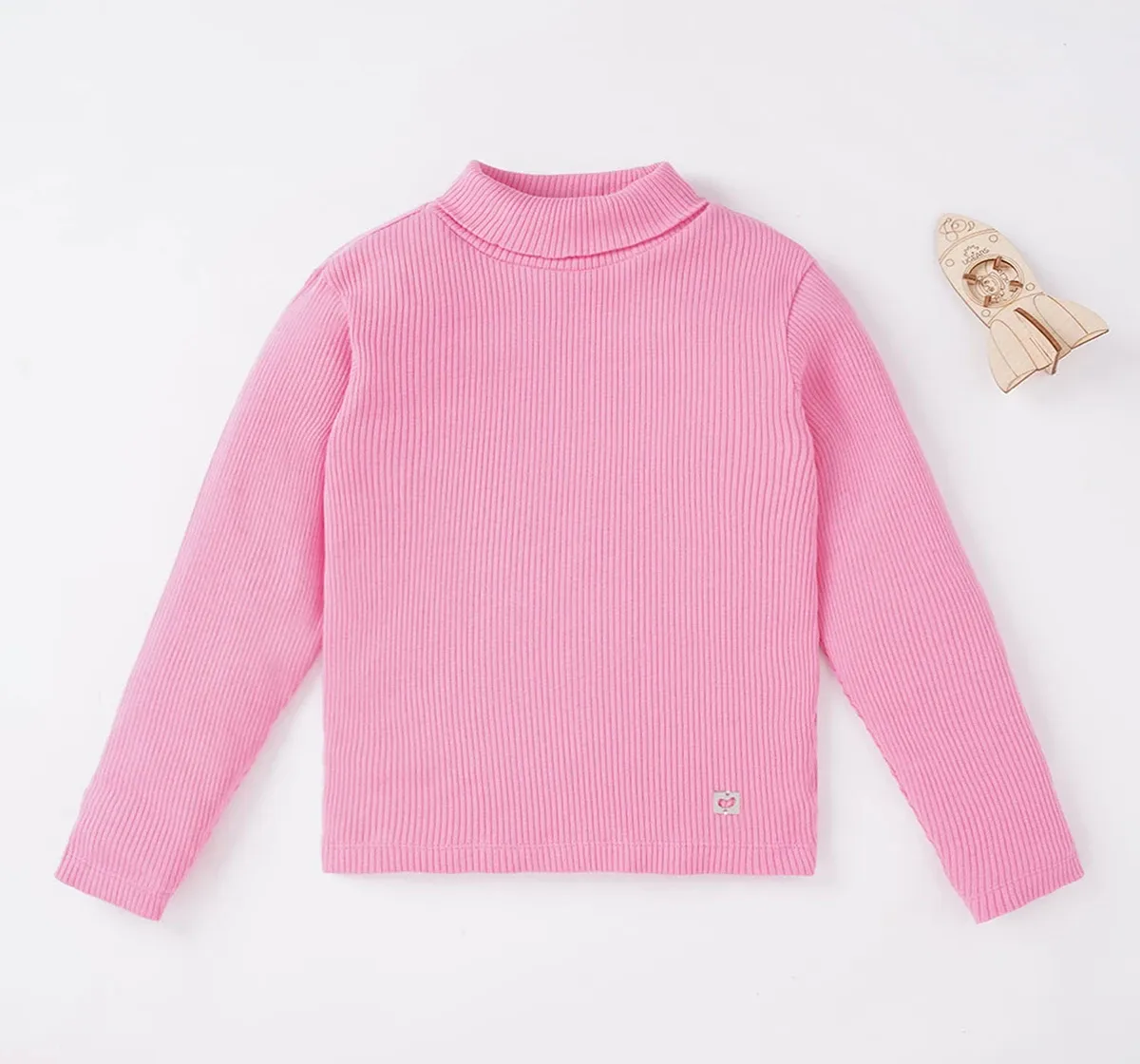 Girls Solid Turtle Neck Rib Tee - Pink