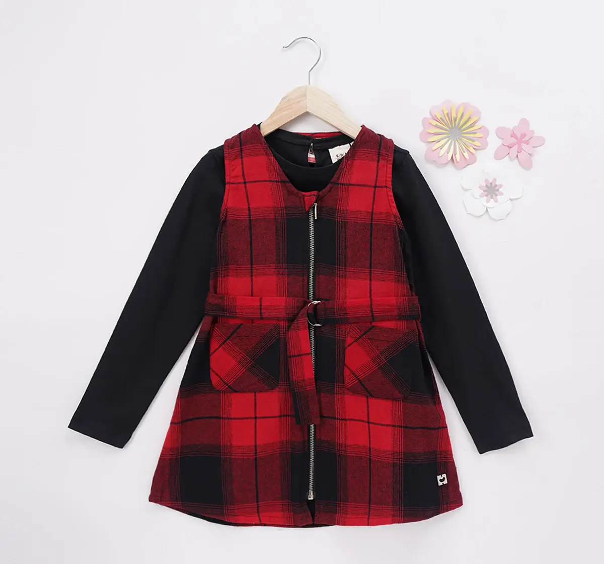 Girls Front Zipper Checkered Dress With Tee