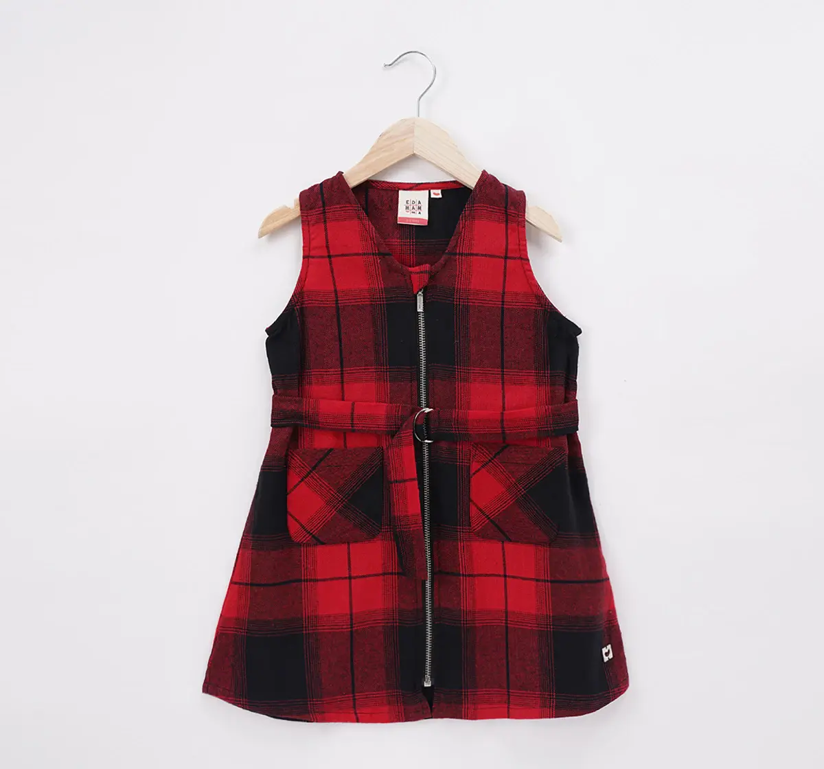 Girls Front Zipper Checkered Dress With Tee