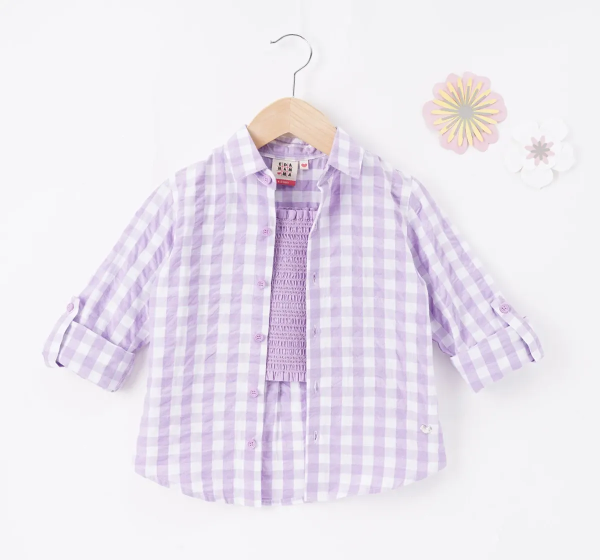 Girls Smocked Top With Checkered Shirt