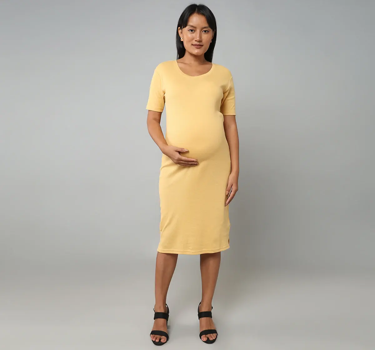 Maternity Full Sleeves Ribbed Dress - Yellow