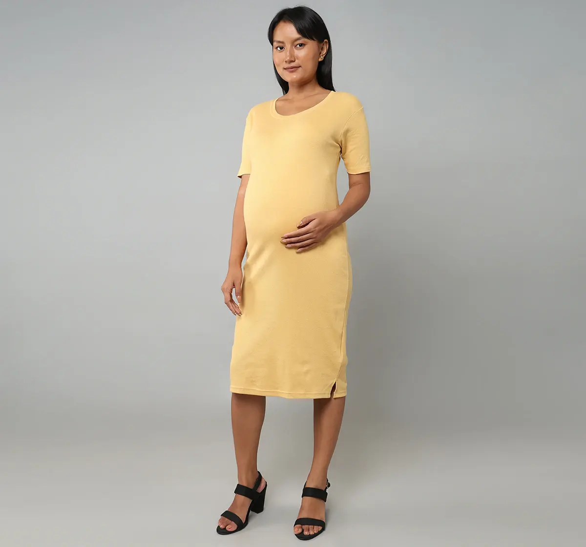 Maternity Full Sleeves Ribbed Dress - Yellow