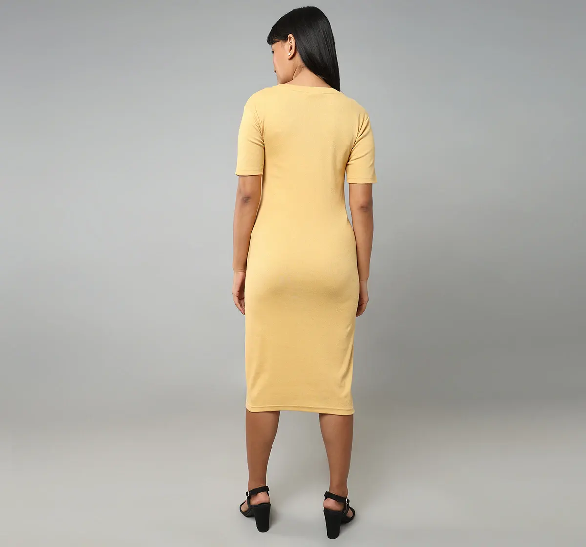 Maternity Full Sleeves Ribbed Dress - Yellow