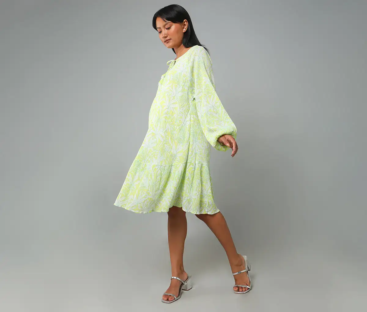 Maternity Female Floral Full Sleeves Dress -Green