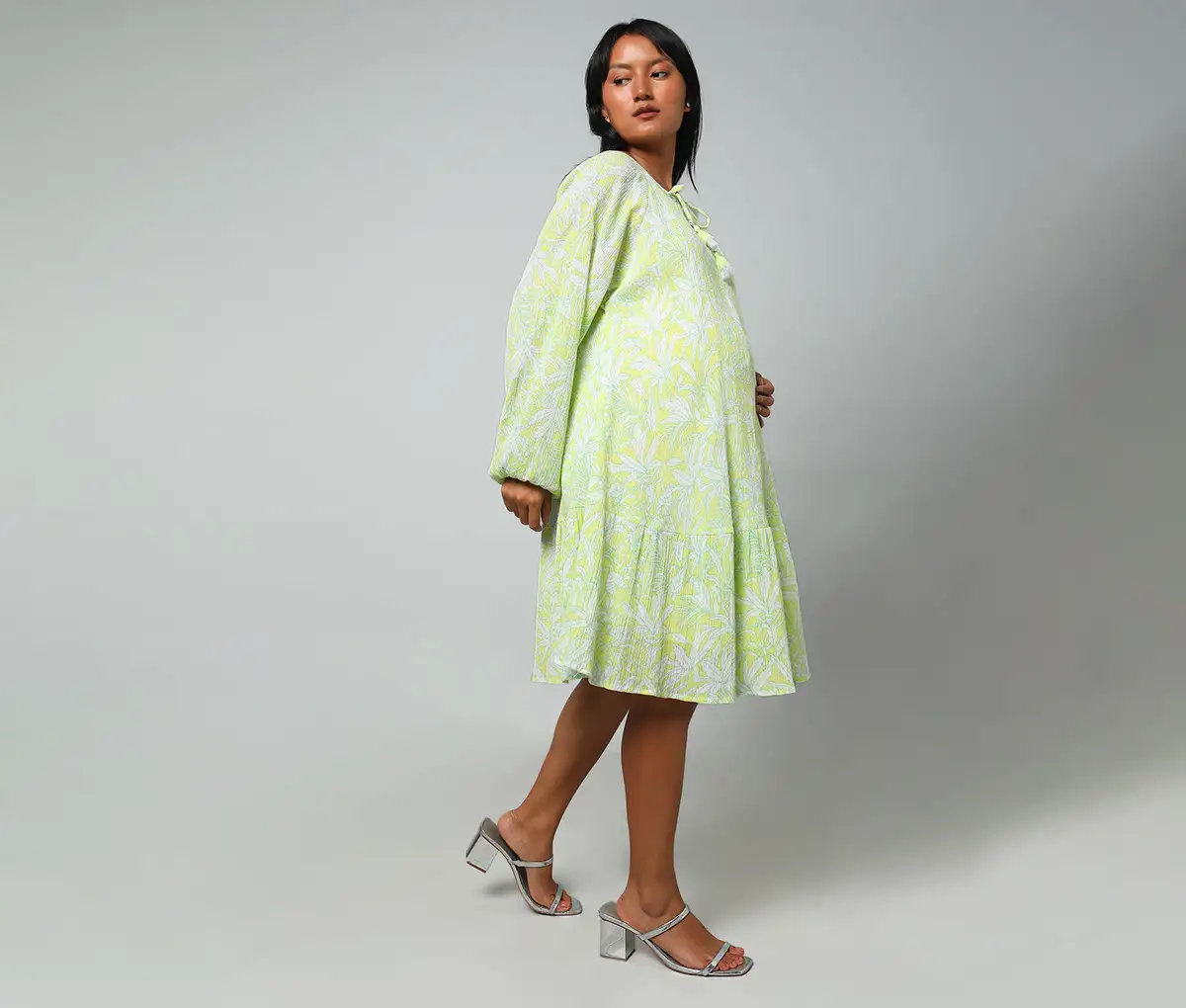 Maternity Female Floral Full Sleeves Dress -Green