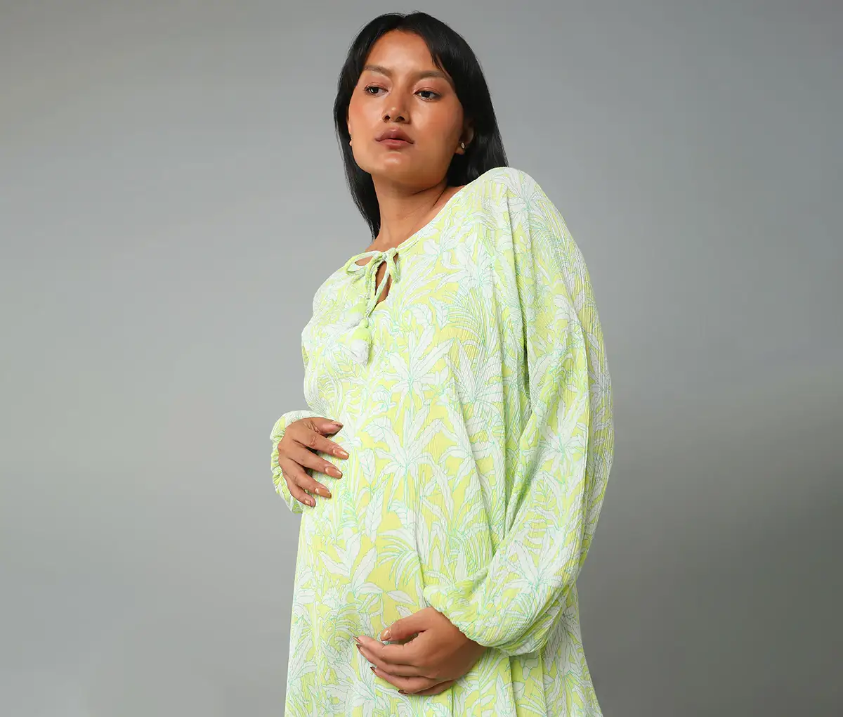Maternity Female Floral Full Sleeves Dress -Green