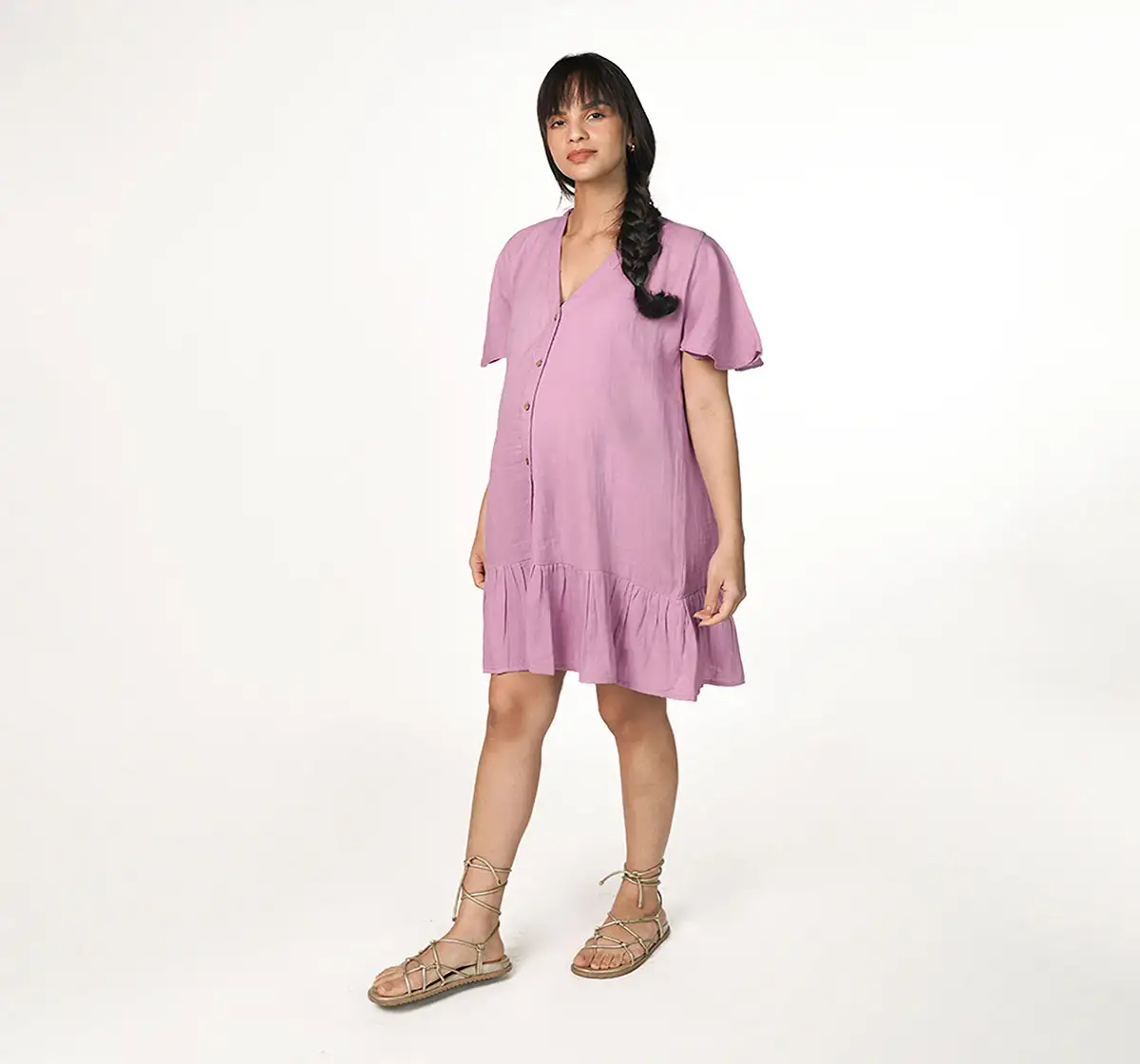 Maternity Solid Dress For Nursing- Lilac