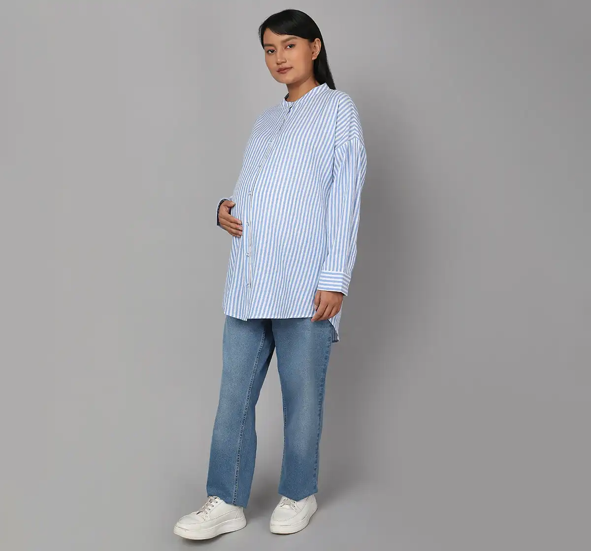 Maternity Striped Mandarin Neck Collar Shirt - Blue
