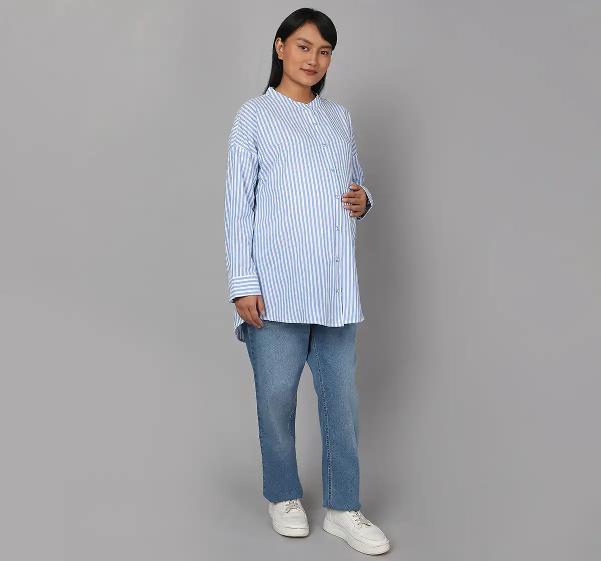 Maternity Striped Mandarin Neck Collar Shirt - Blue