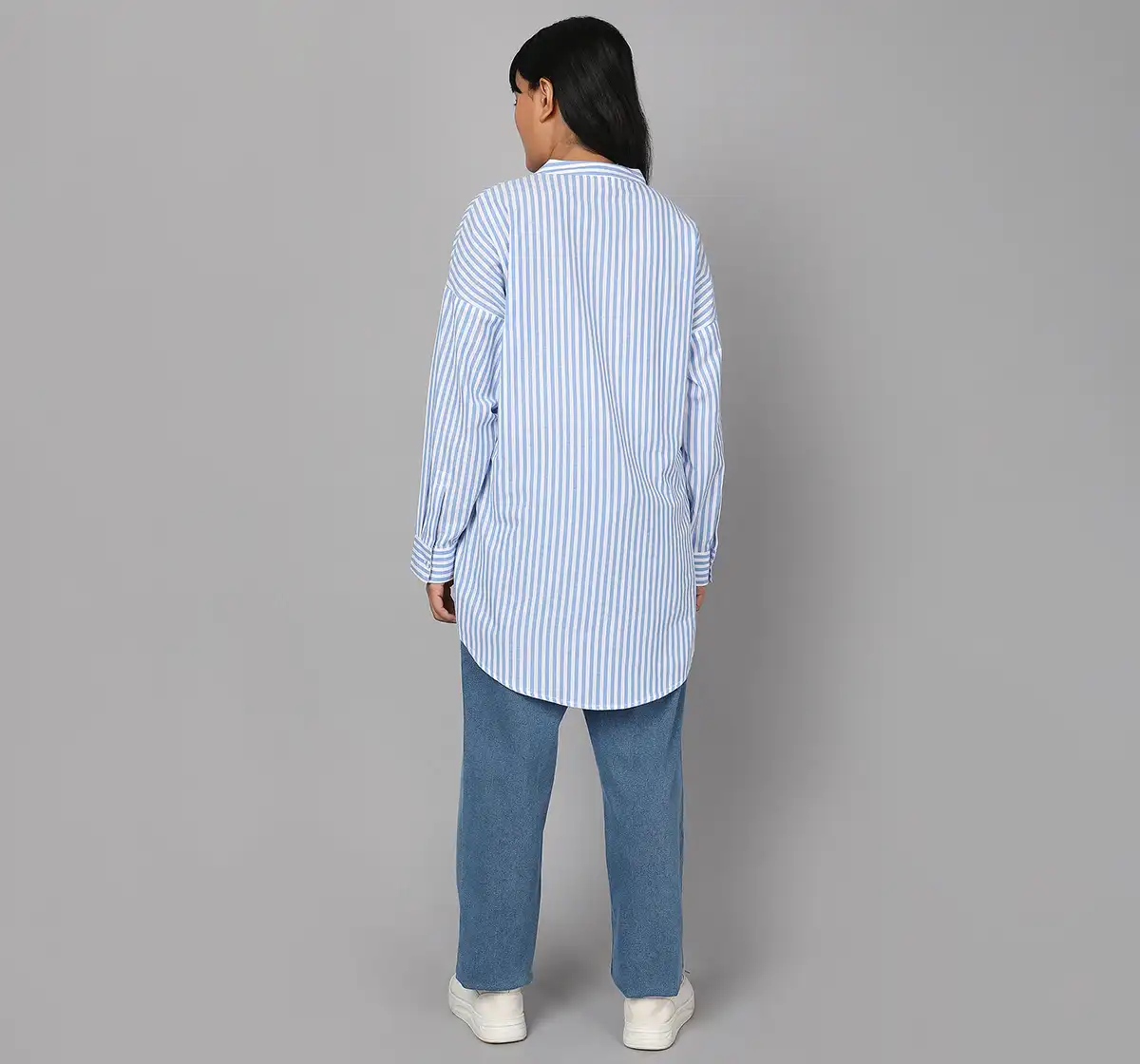 Maternity Striped Mandarin Neck Collar Shirt - Blue