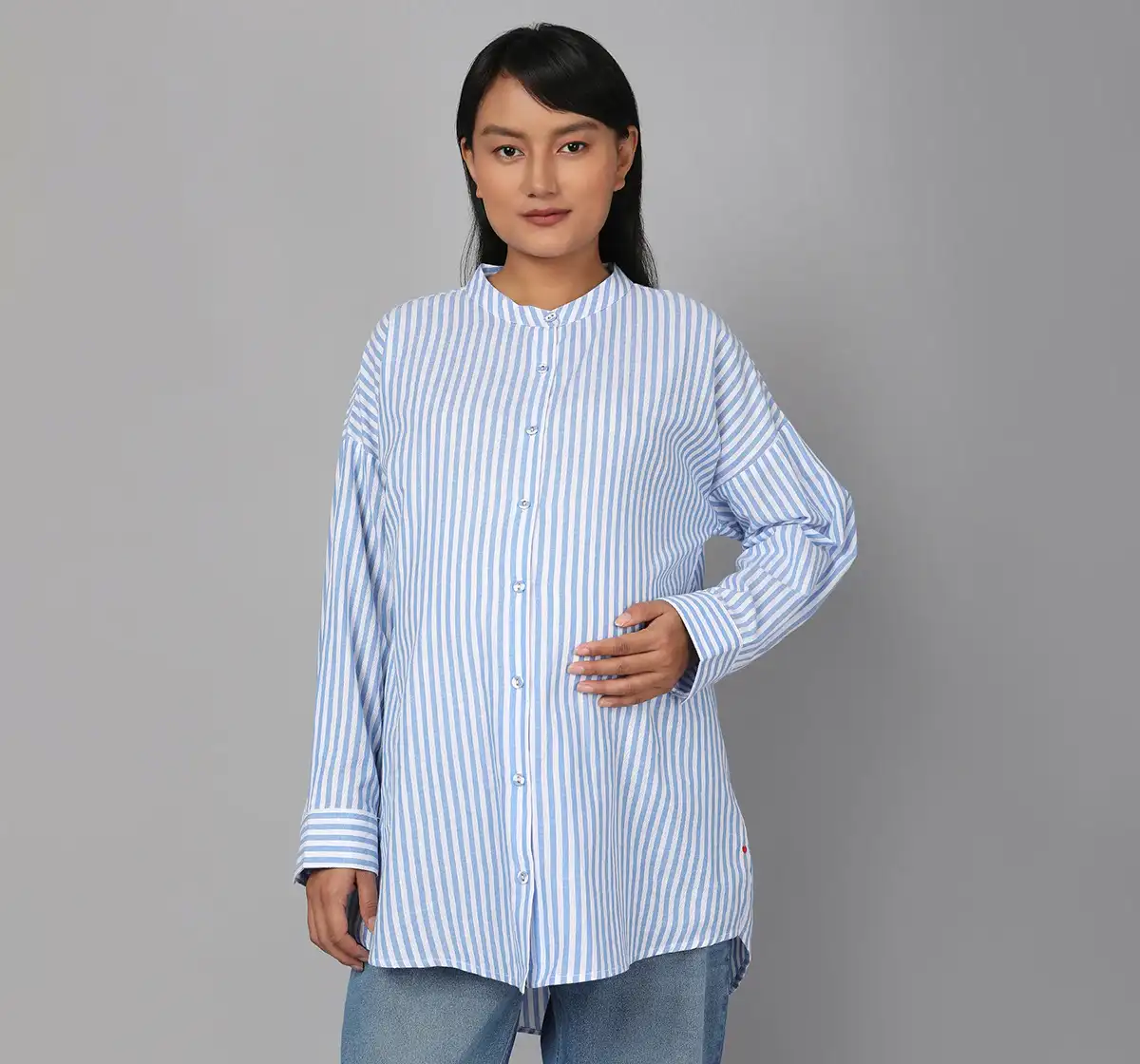 Maternity Striped Mandarin Neck Collar Shirt - Blue