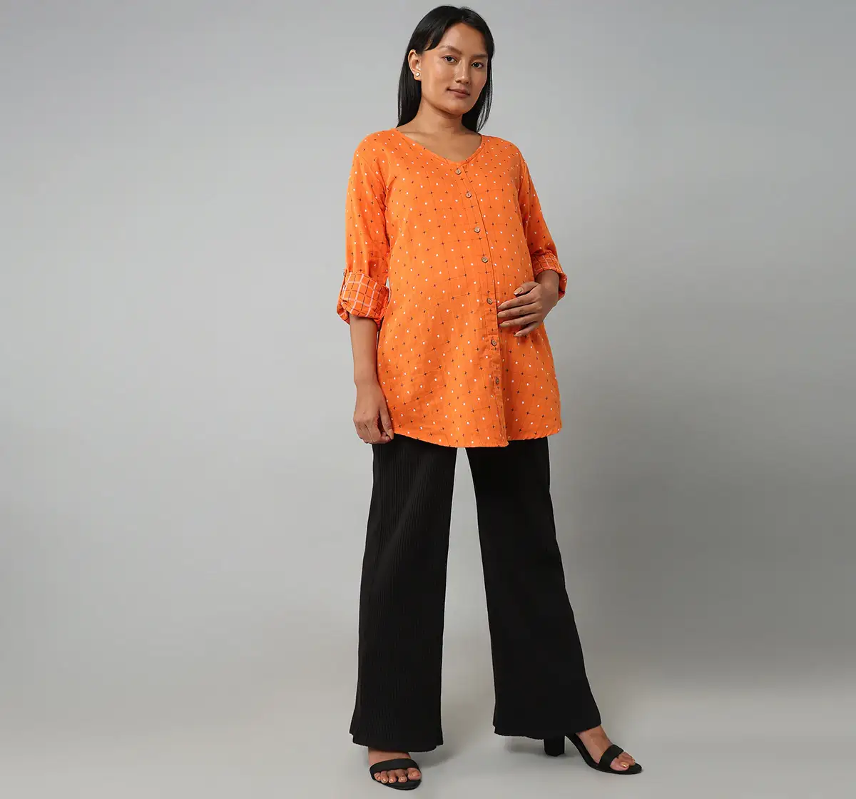 Maternity Nursing Checks Long Top - Orange