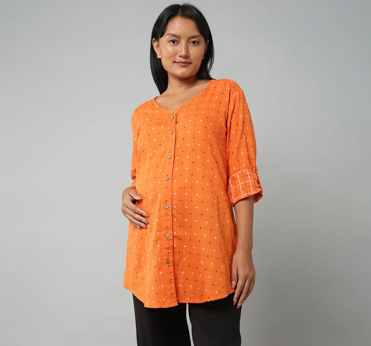 Maternity Nursing Checks Long Top - Orange