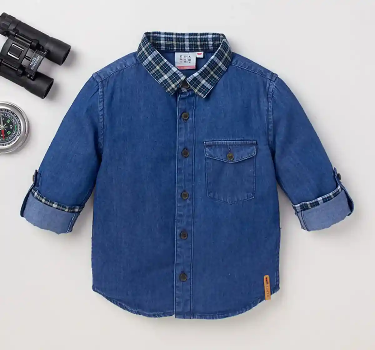 Denim Shirt With Checkered Collar