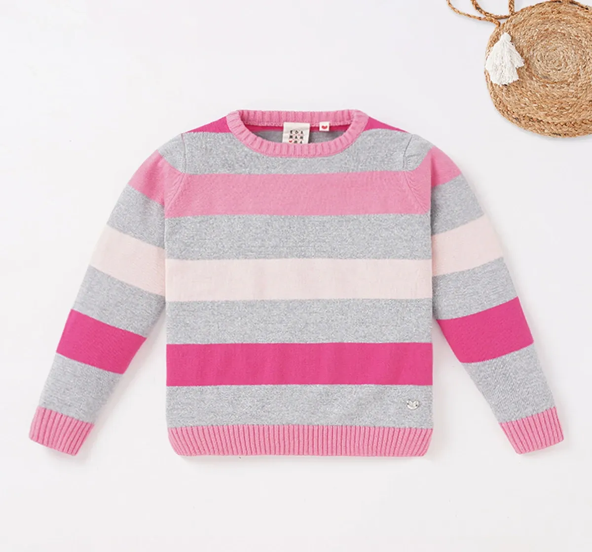 Girls Full Sleeves Crew Neck Striped Sweater