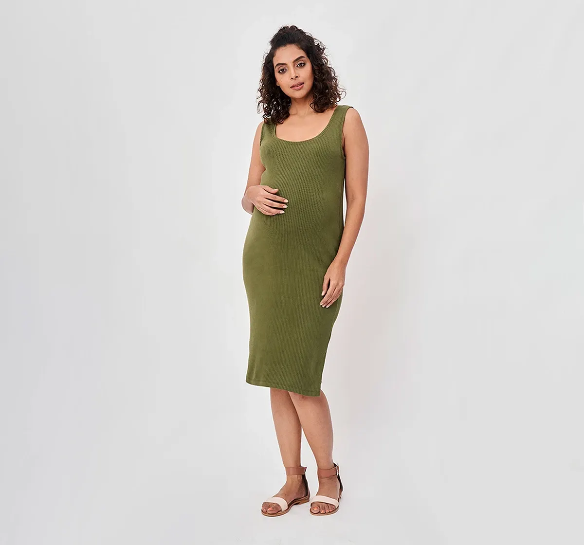 Maternity Ribbed Sleeveless Dress -Olive