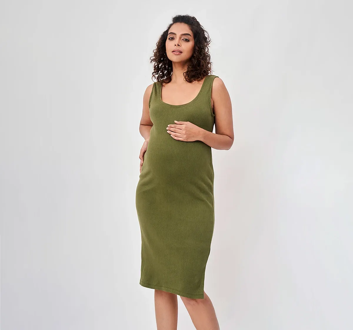 Maternity Ribbed Sleeveless Dress -Olive