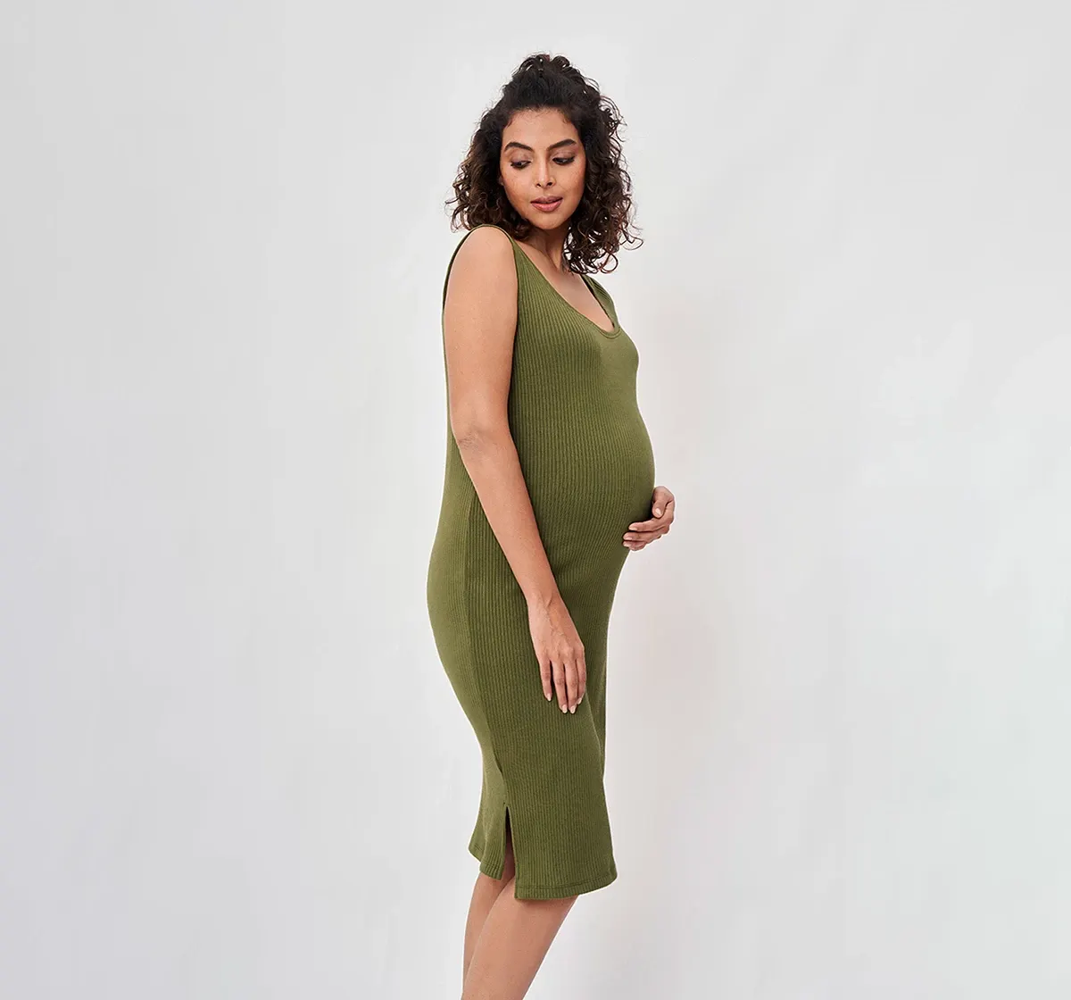 Maternity Ribbed Sleeveless Dress -Olive