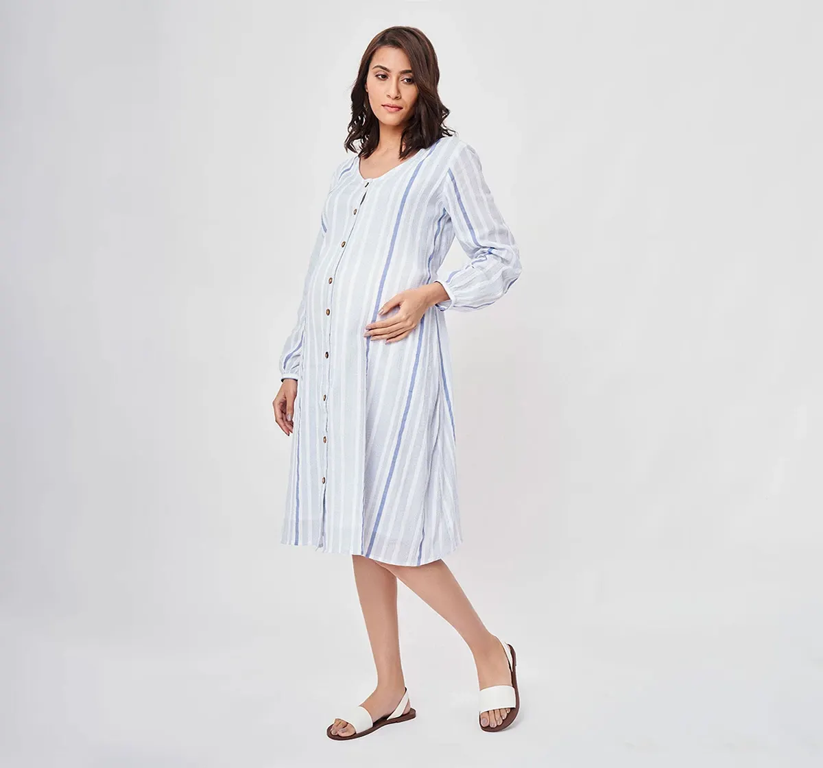 Maternity Printed Full Sleeves Dress -Blue