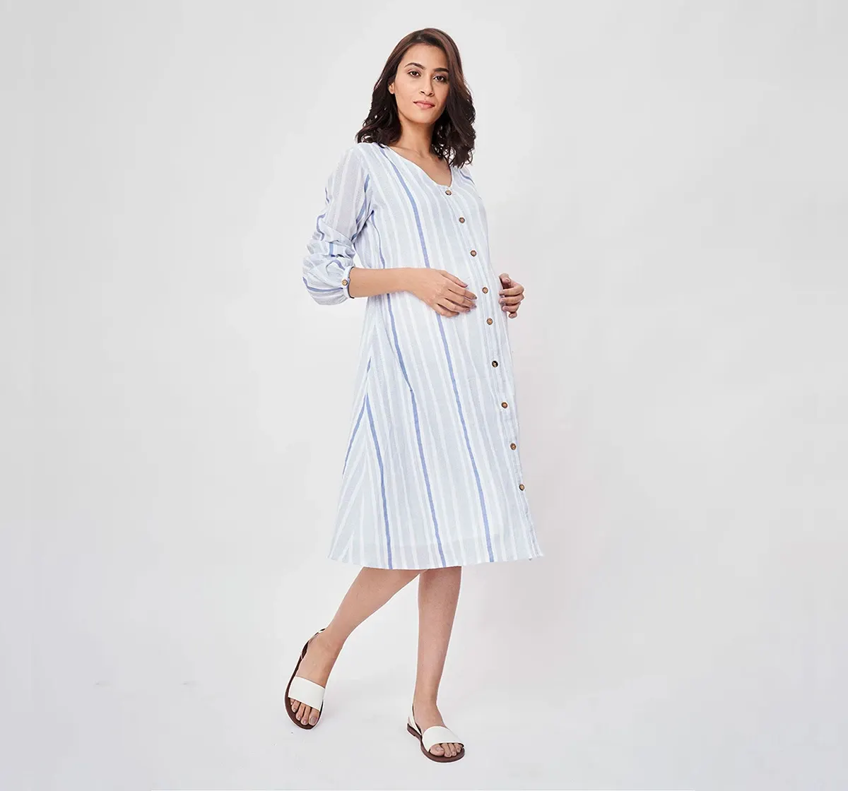 Maternity Printed Full Sleeves Dress -Blue