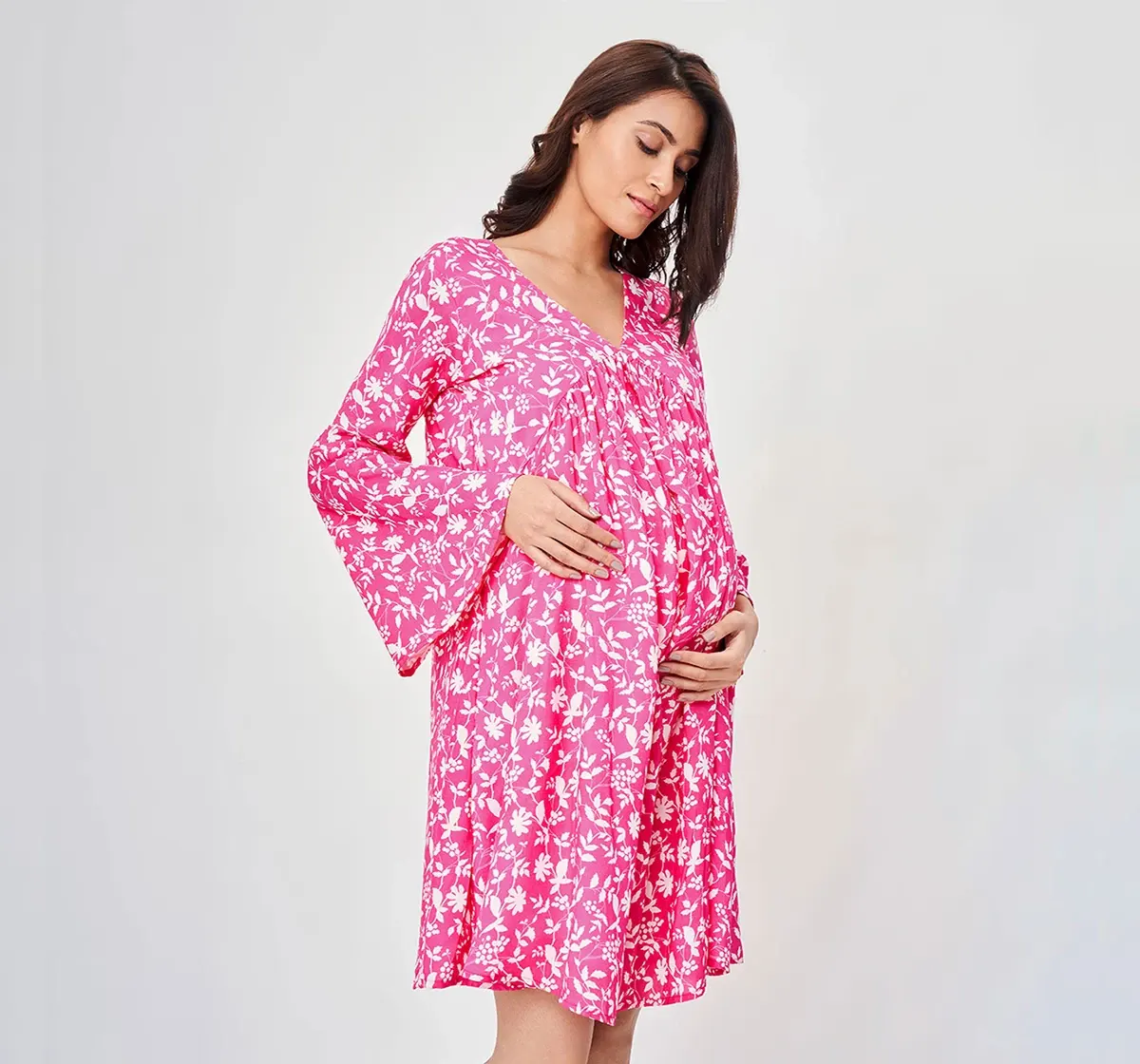 Maternity Printed Full Sleeves Dress -Pink