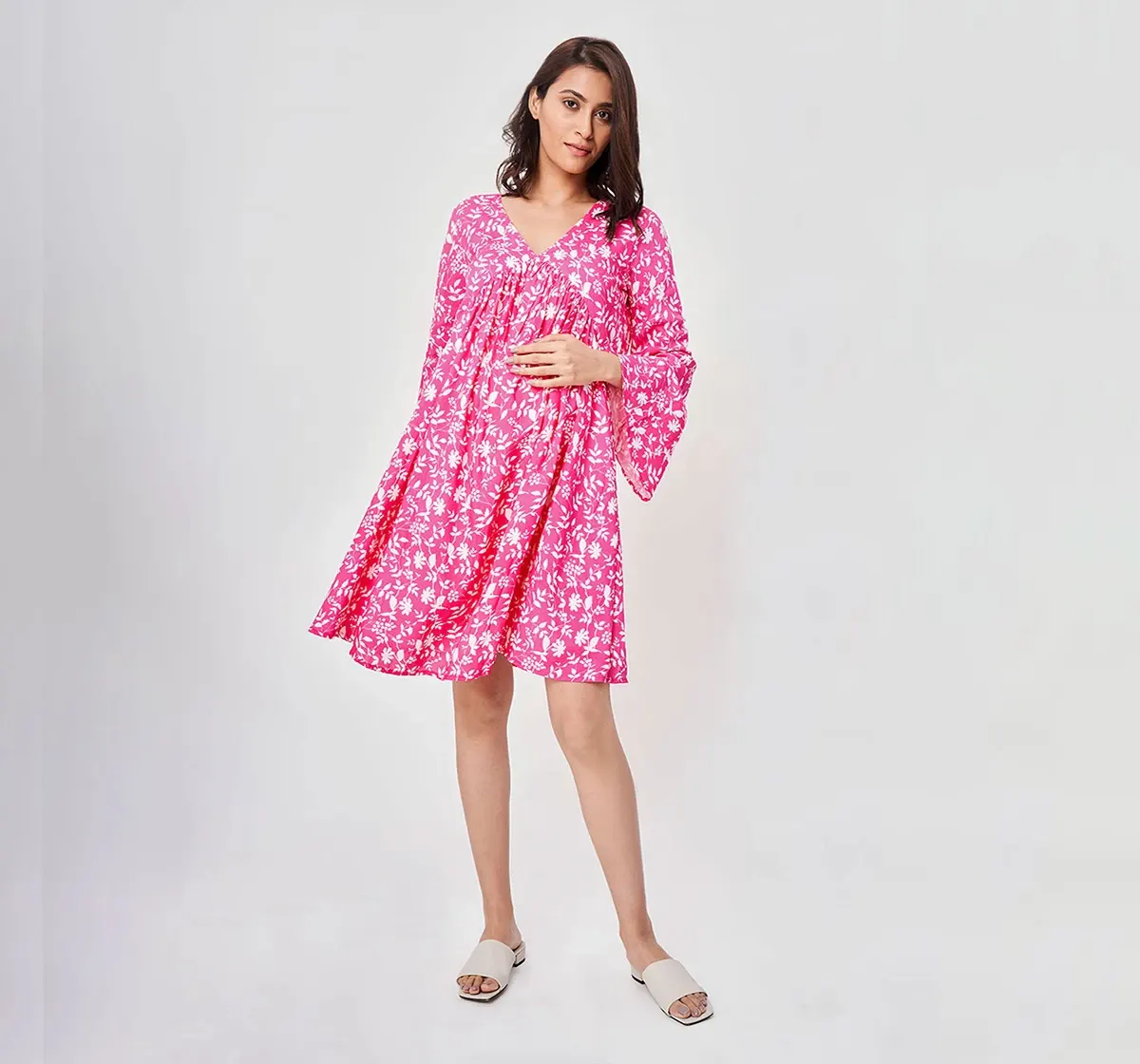 Maternity Printed Full Sleeves Dress -Pink