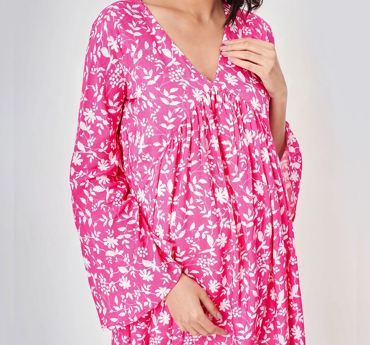 Maternity Printed Full Sleeves Dress -Pink