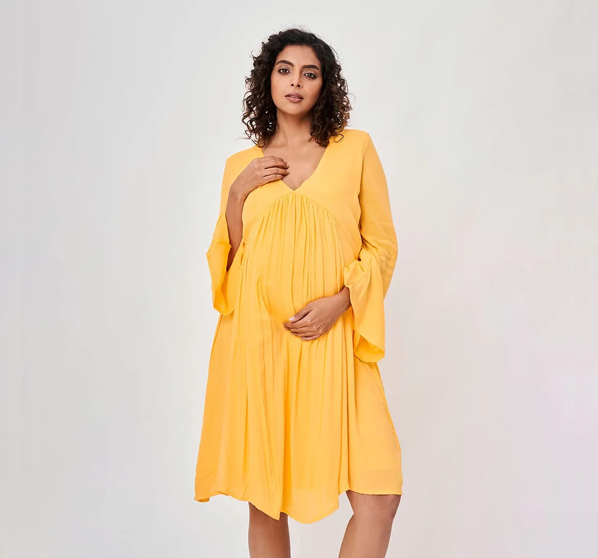 Maternity Solid Full Sleeves Dress -Yellow