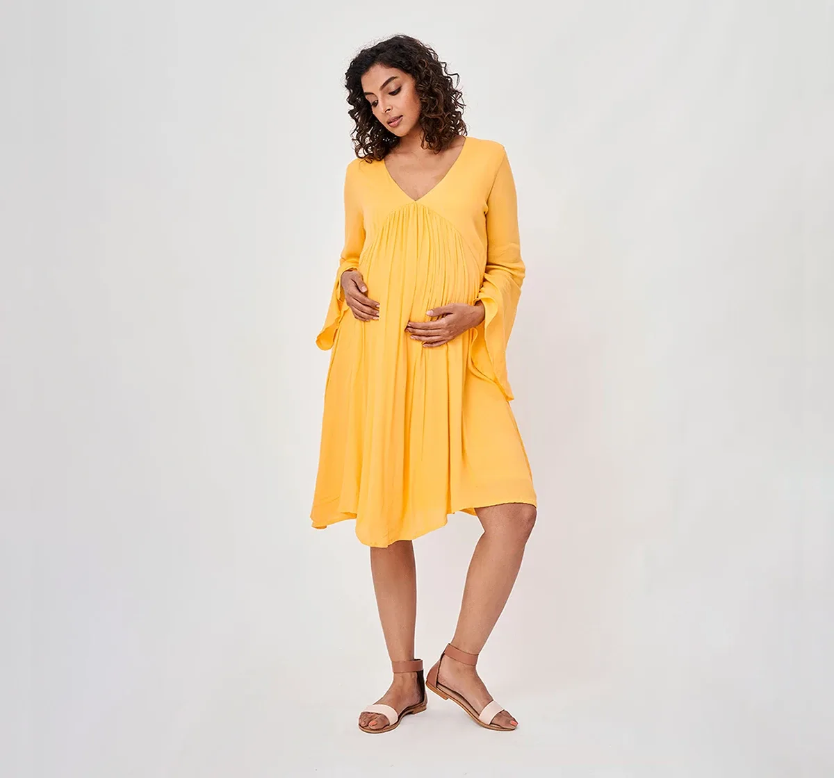 Maternity Solid Full Sleeves Dress -Yellow