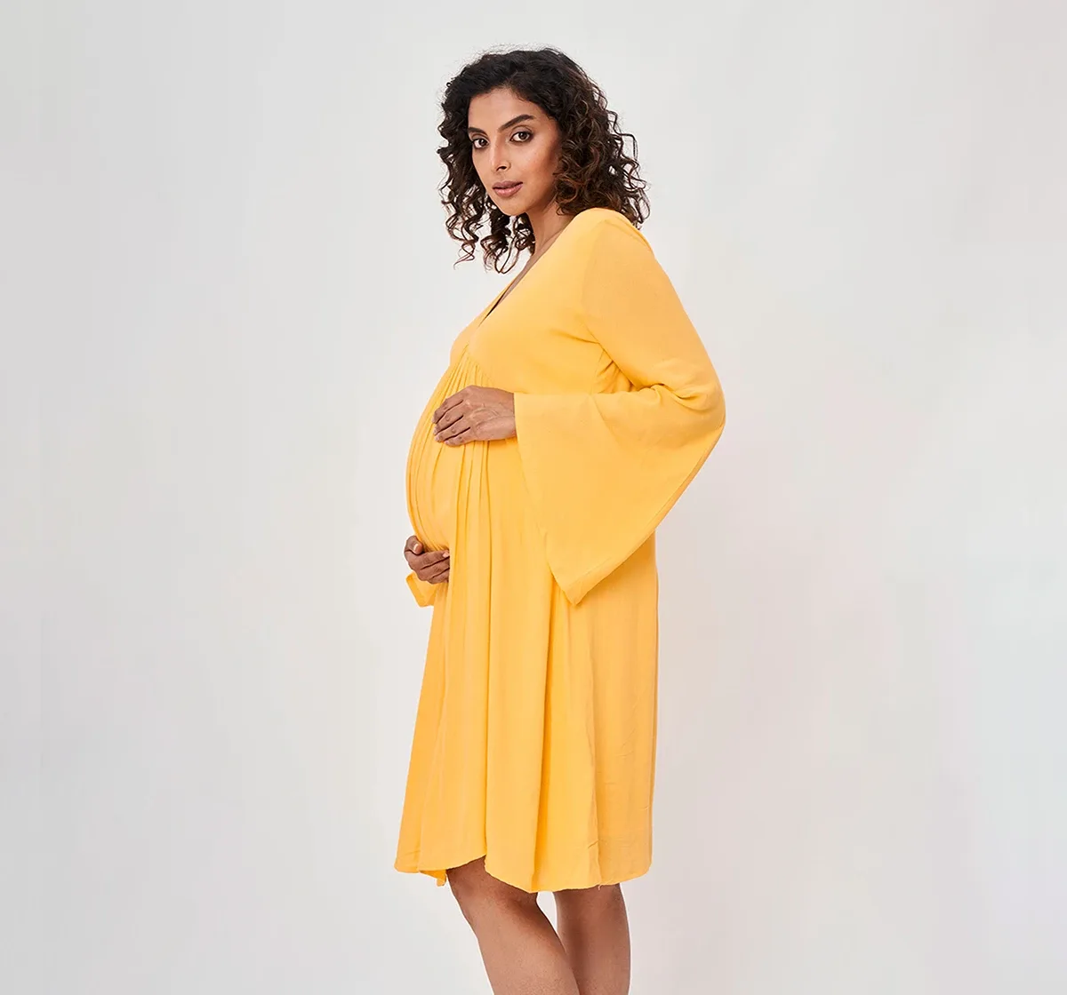Maternity Solid Full Sleeves Dress -Yellow