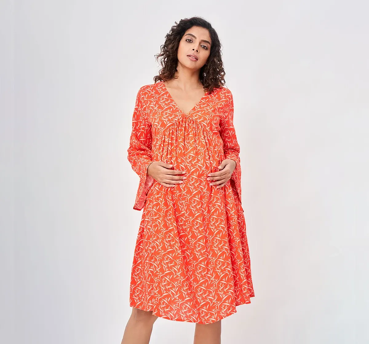 Maternity Printed Full Sleeves Dress -Orange
