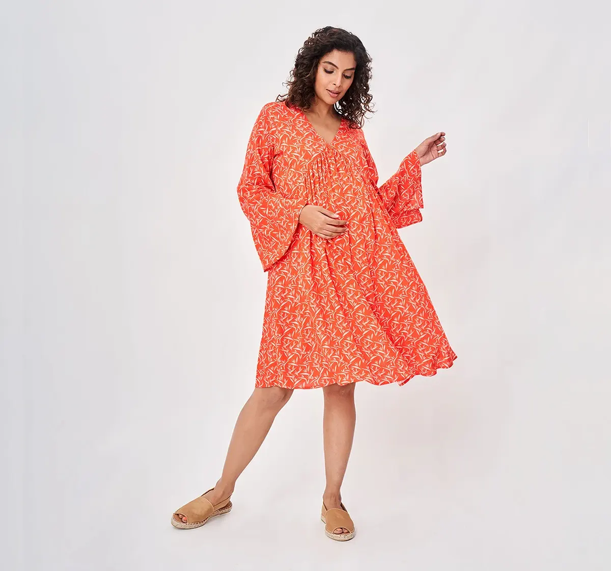 Maternity Printed Full Sleeves Dress -Orange