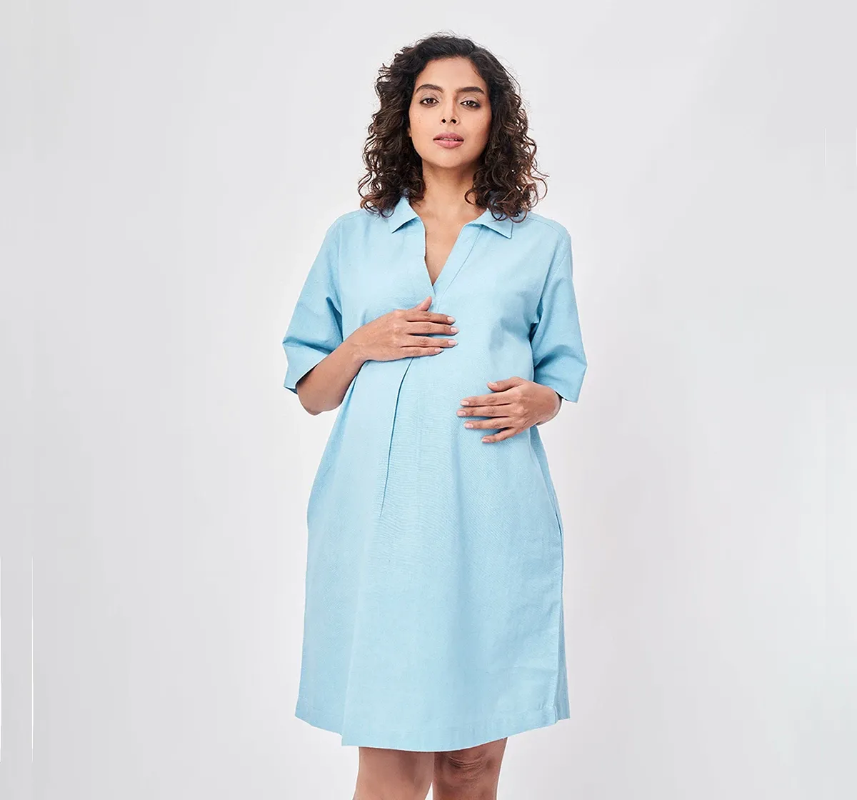 Maternity Plain Dyed Half-Sleeves Dress -Blue