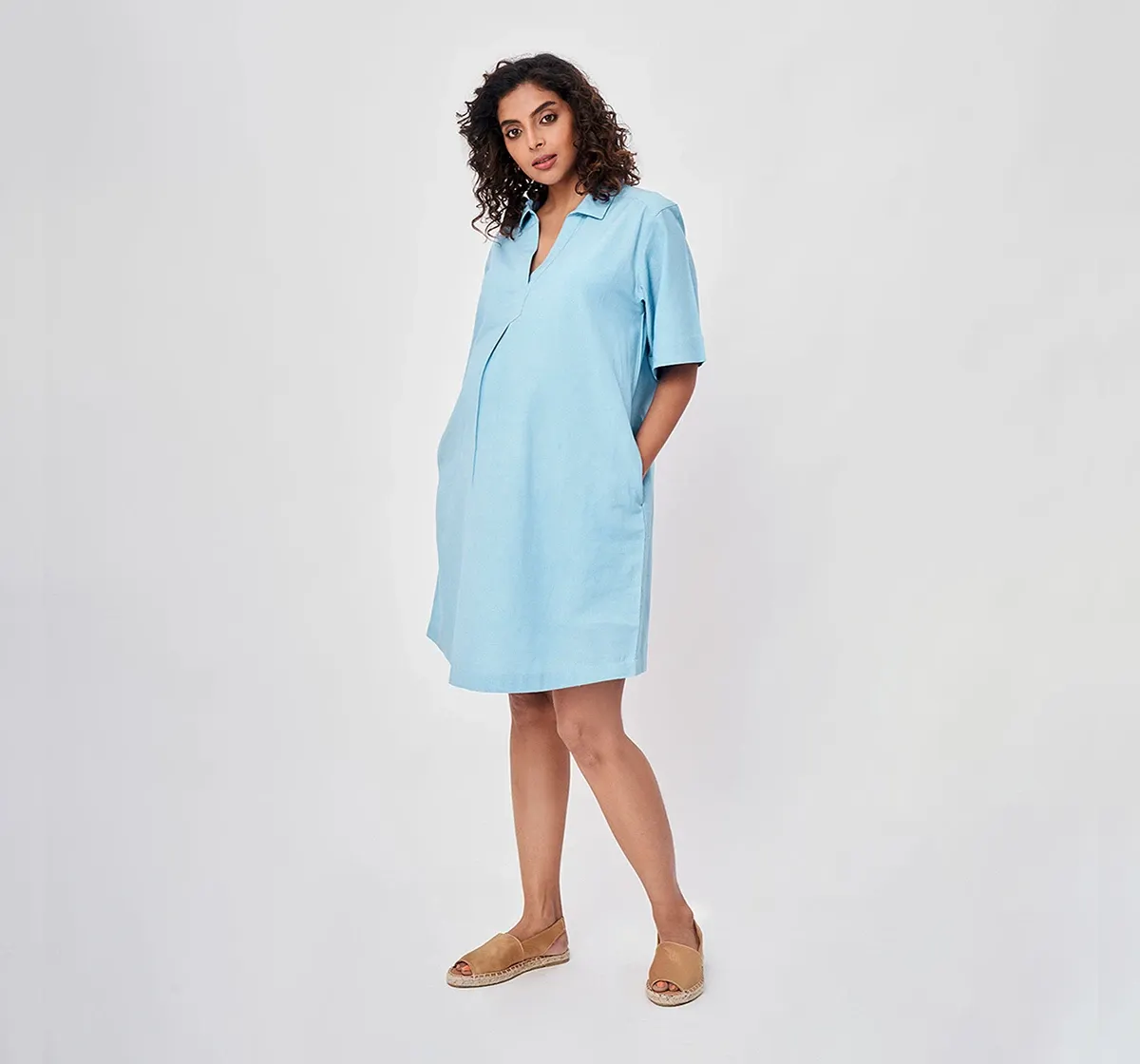 Maternity Plain Dyed Half-Sleeves Dress -Blue