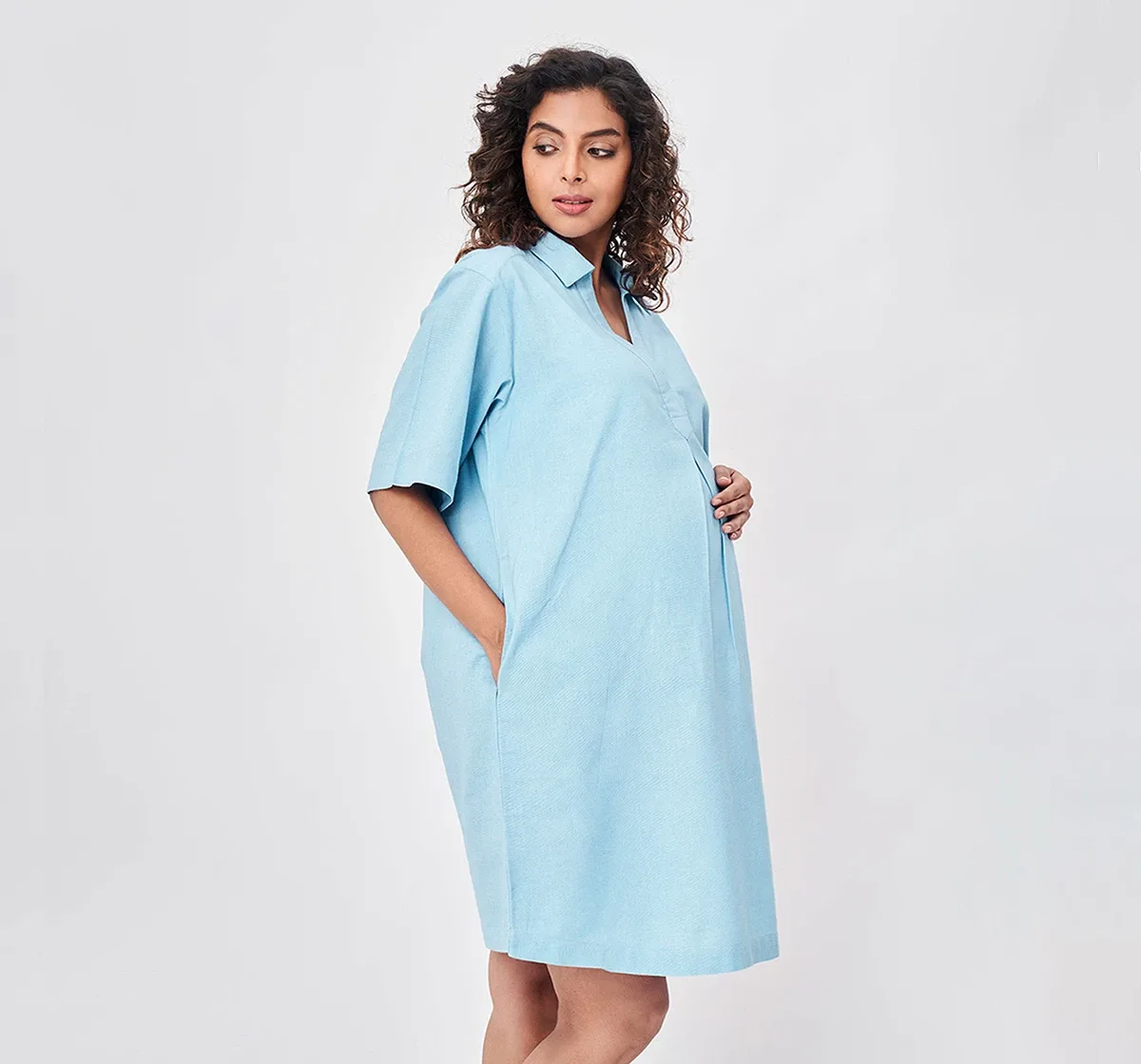 Maternity Plain Dyed Half-Sleeves Dress -Blue
