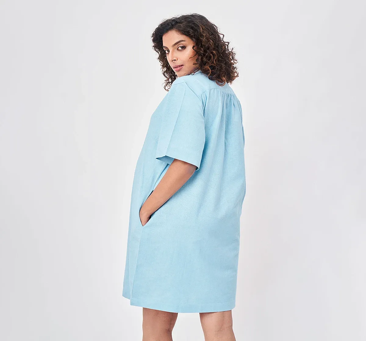 Maternity Plain Dyed Half-Sleeves Dress -Blue