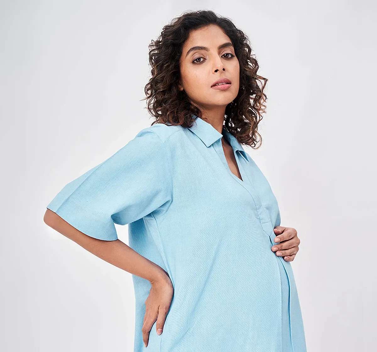 Maternity Plain Dyed Half-Sleeves Dress -Blue
