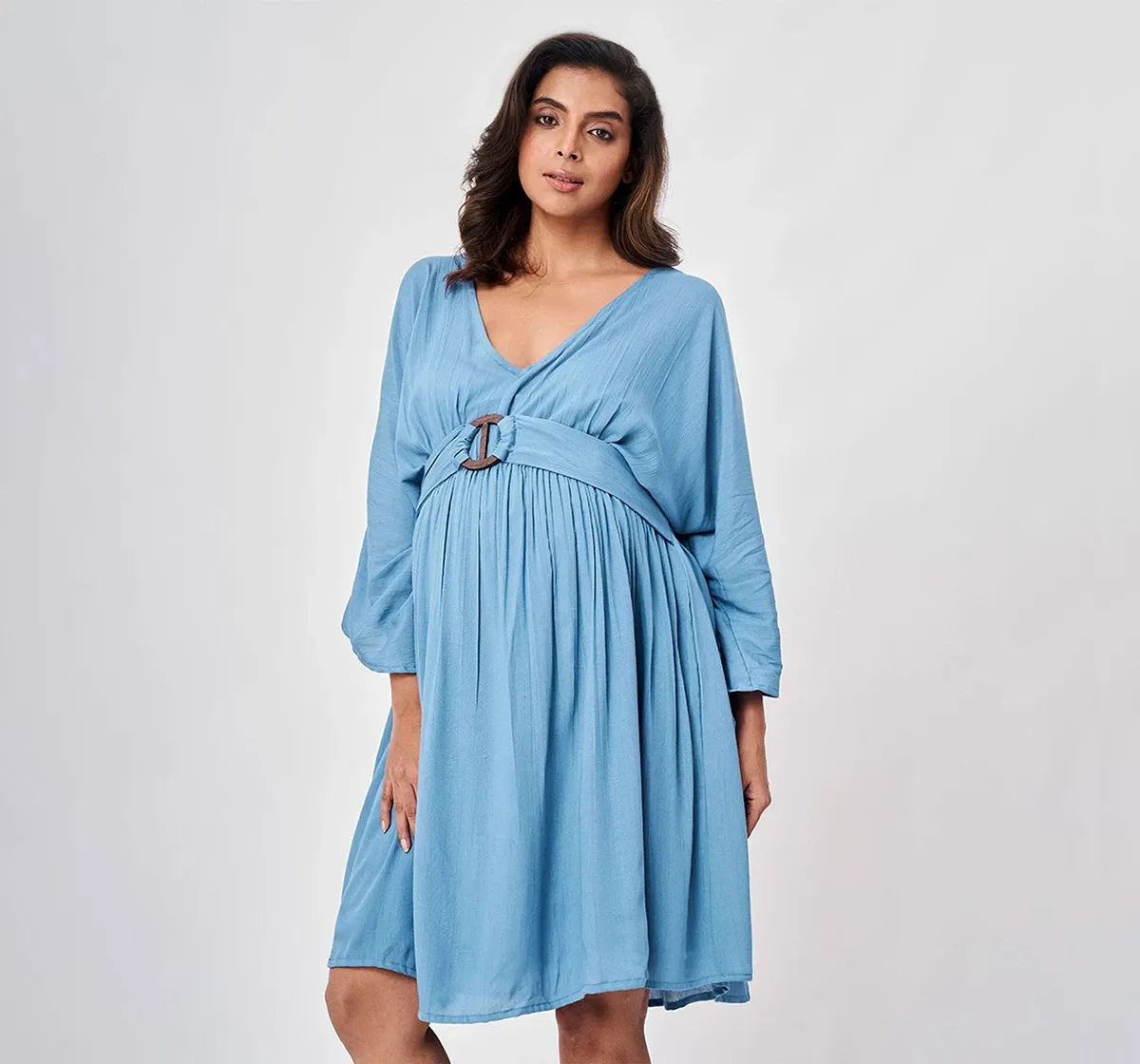 Maternity Solid Full Sleeves Dress -Blue