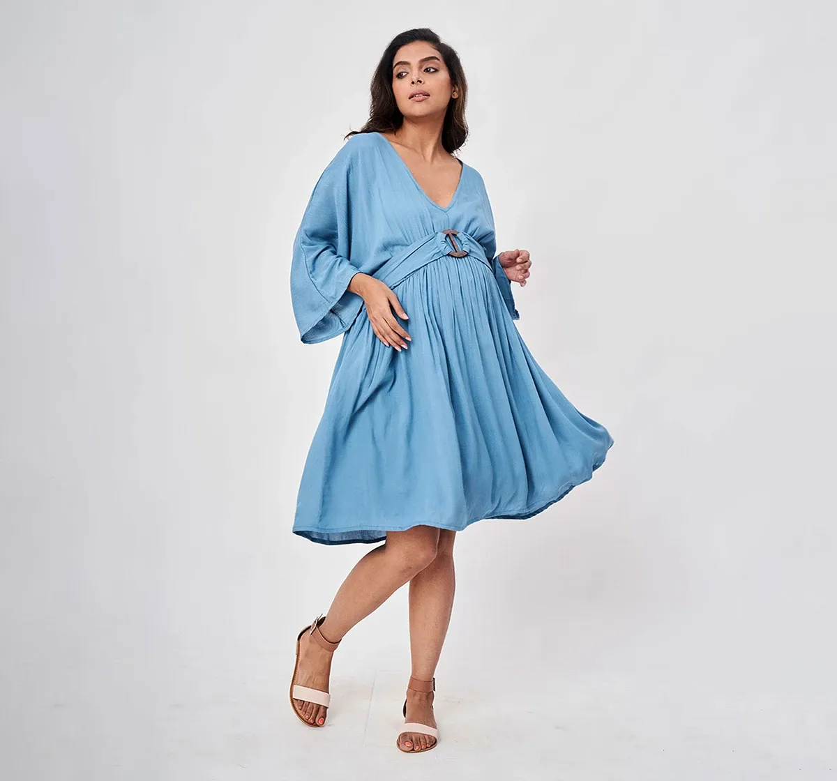 Maternity Solid Full Sleeves Dress -Blue