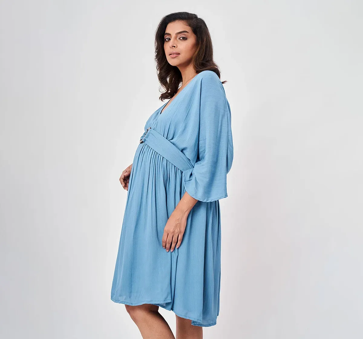 Maternity Solid Full Sleeves Dress -Blue
